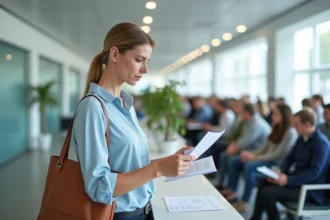 Femme consultant ses documents à l'accueil d'un service administratif public de type PIA ou Arena à Grenoble