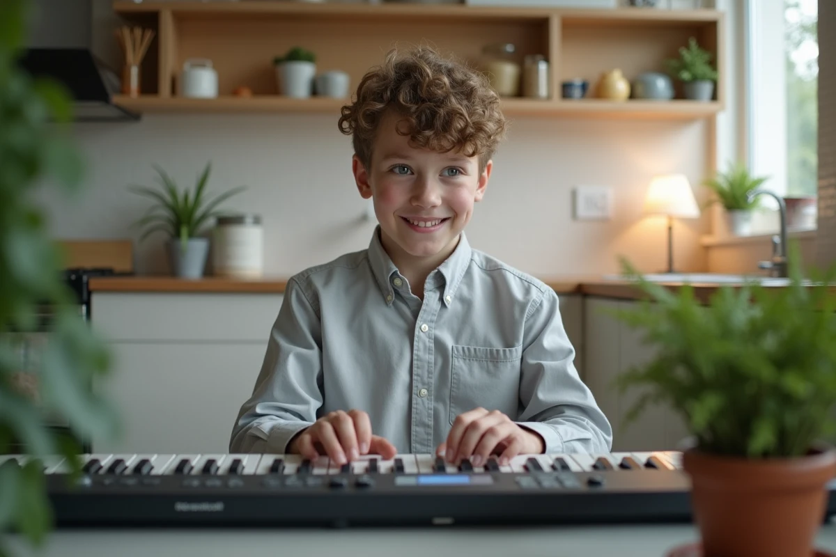 Adolescent jouant du clavier dans une cuisine moderne