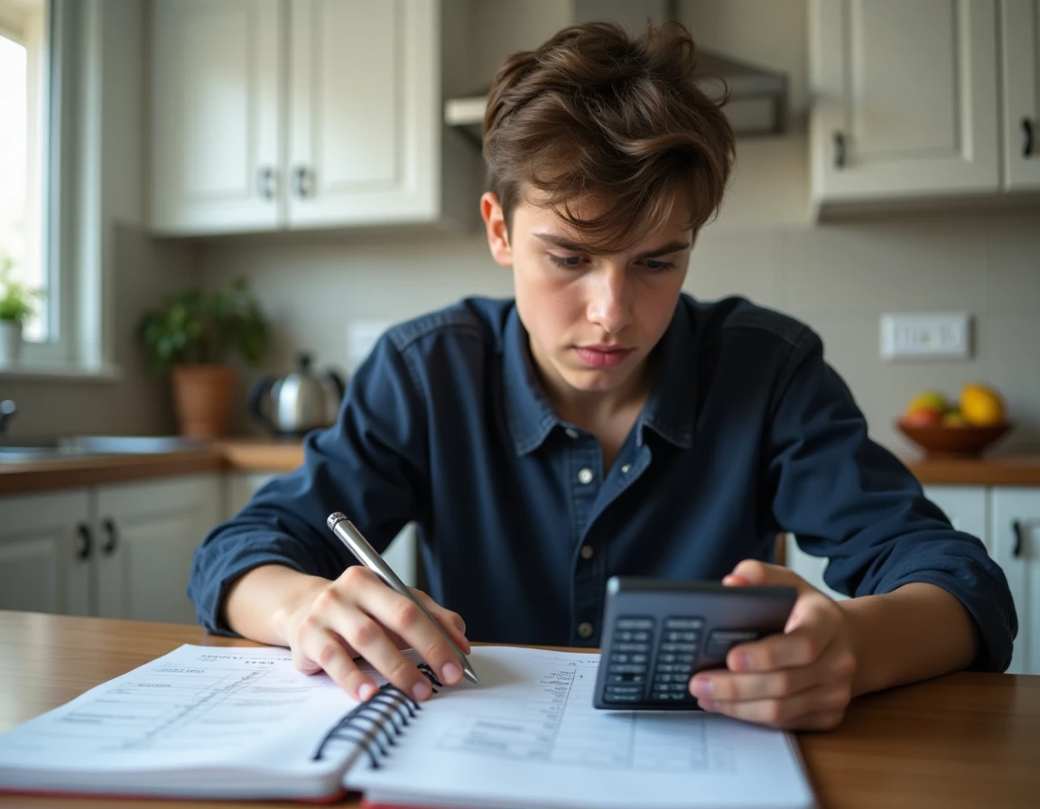 Adolescent utilisant une calculatrice scientifique pour calculer sa moyenne avec coefficients dans un cahier scolaire