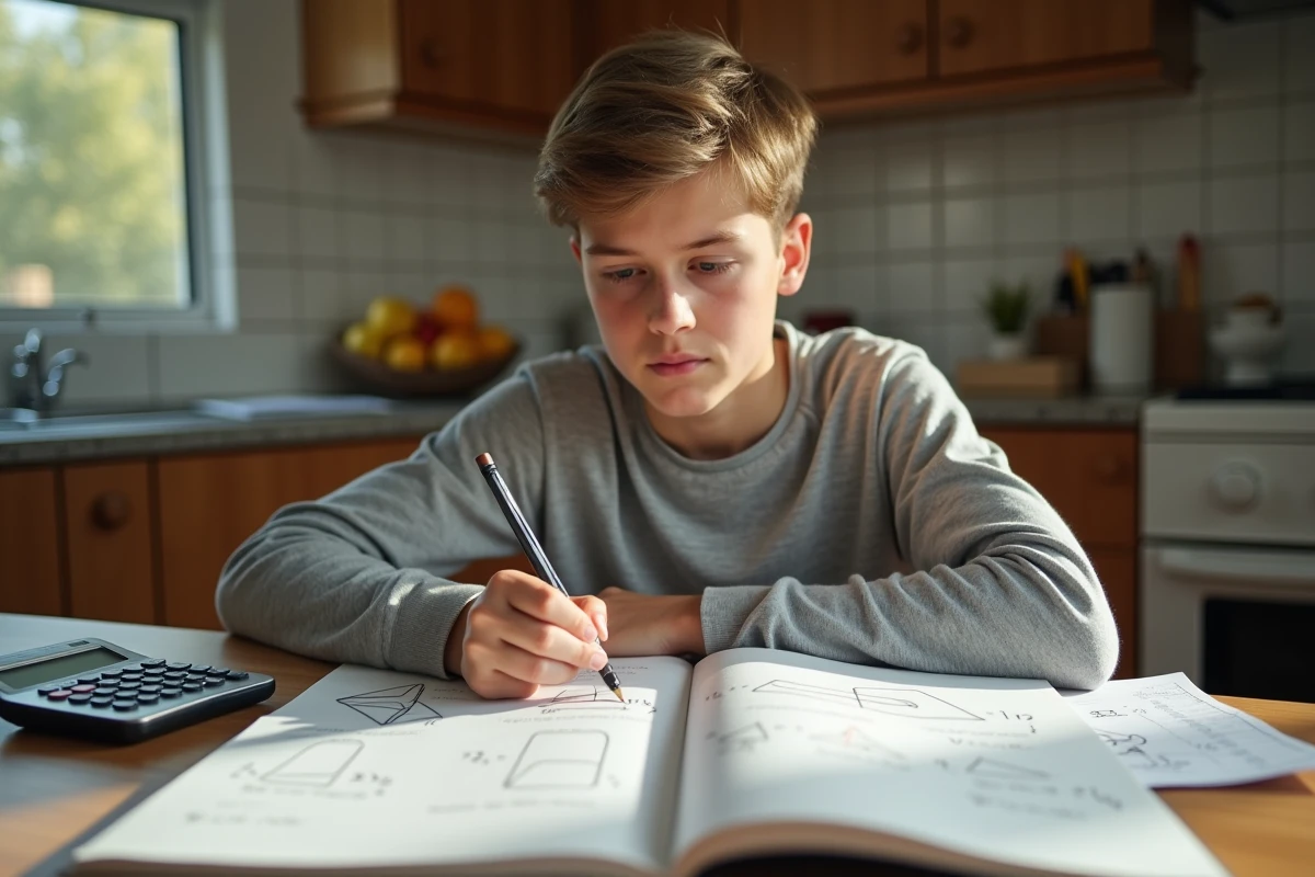 Adolescent étudiant les formules de volume d'une pyramide triangulaire avec un manuel de géométrie ouvert