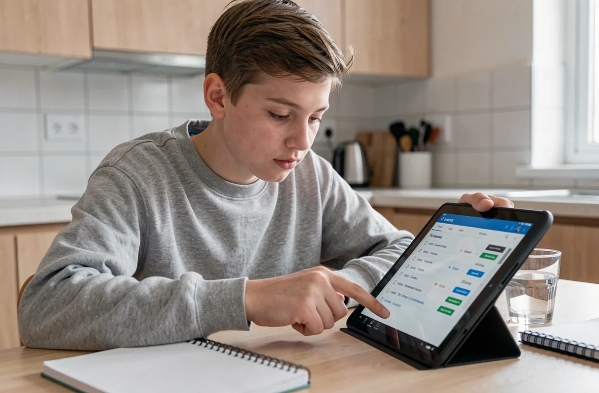 Adolescent utilisant une tablette dans la cuisine pour consulter son ENT collège et planifier ses contrôles