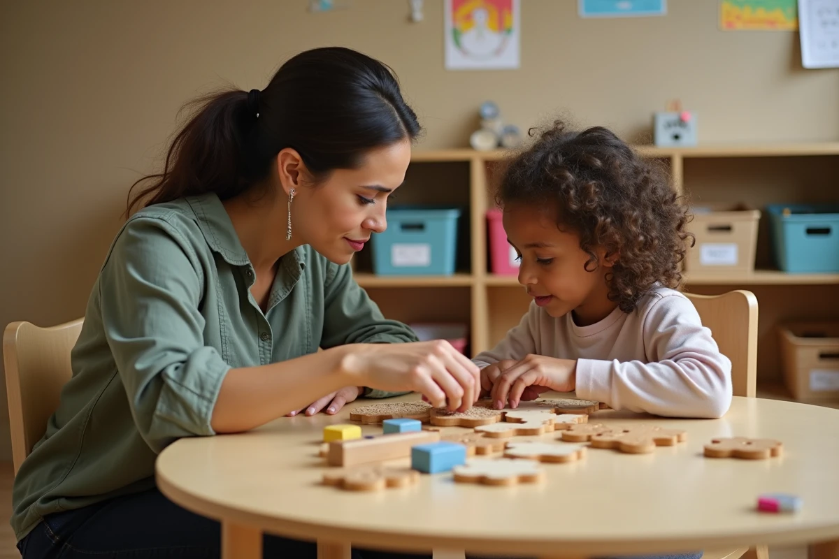 AESH accompagnant une élève autiste dans une salle de retrait sensorielle au sein d'une école inclusive