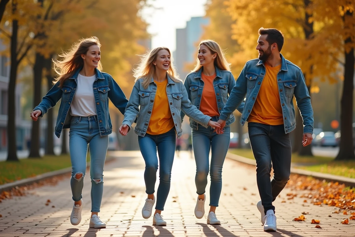 Quatre amis pratiquant une danse de groupe synchronisée en plein air dans un parc urbain en automne