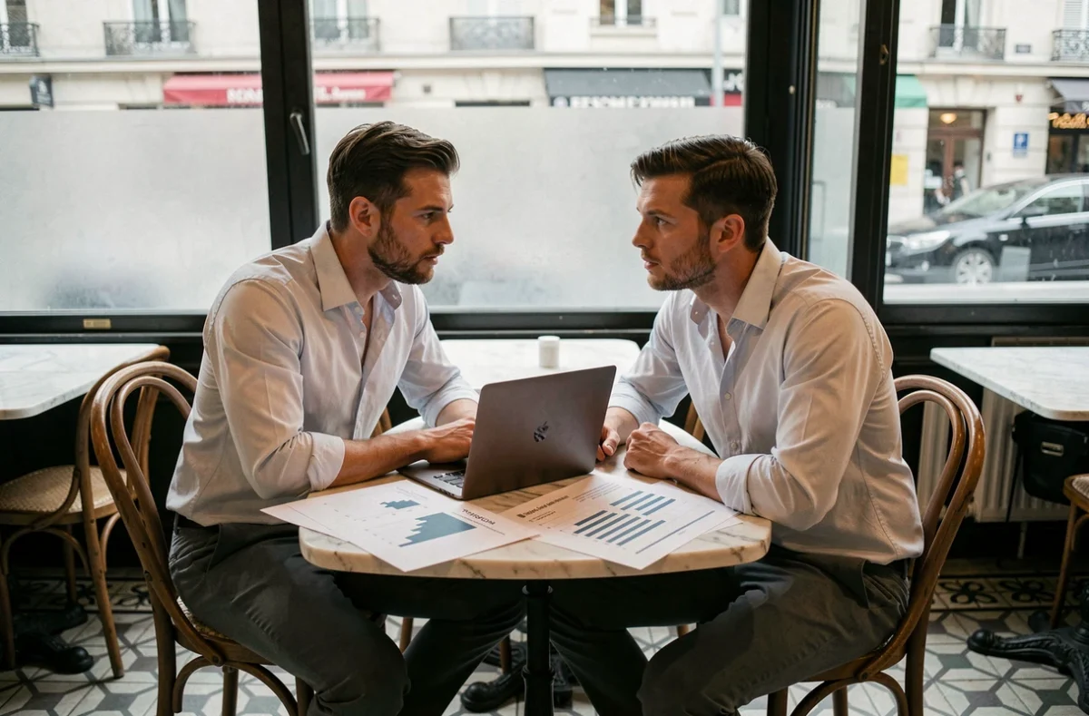 Deux anciens étudiants du master El Karoui discutant de finance quantitative dans un café parisien