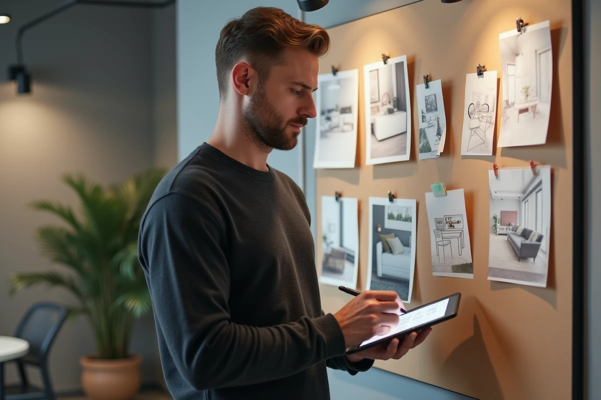 Apprenant en formation aménagement debout devant un tableau de références avec des échantillons de couleurs et des croquis de mobilier