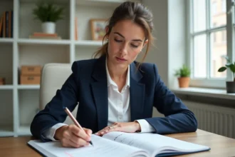 Femme concentrée apprenant la notation AM et PM en anglais à son bureau avec un cahier de grammaire annoté