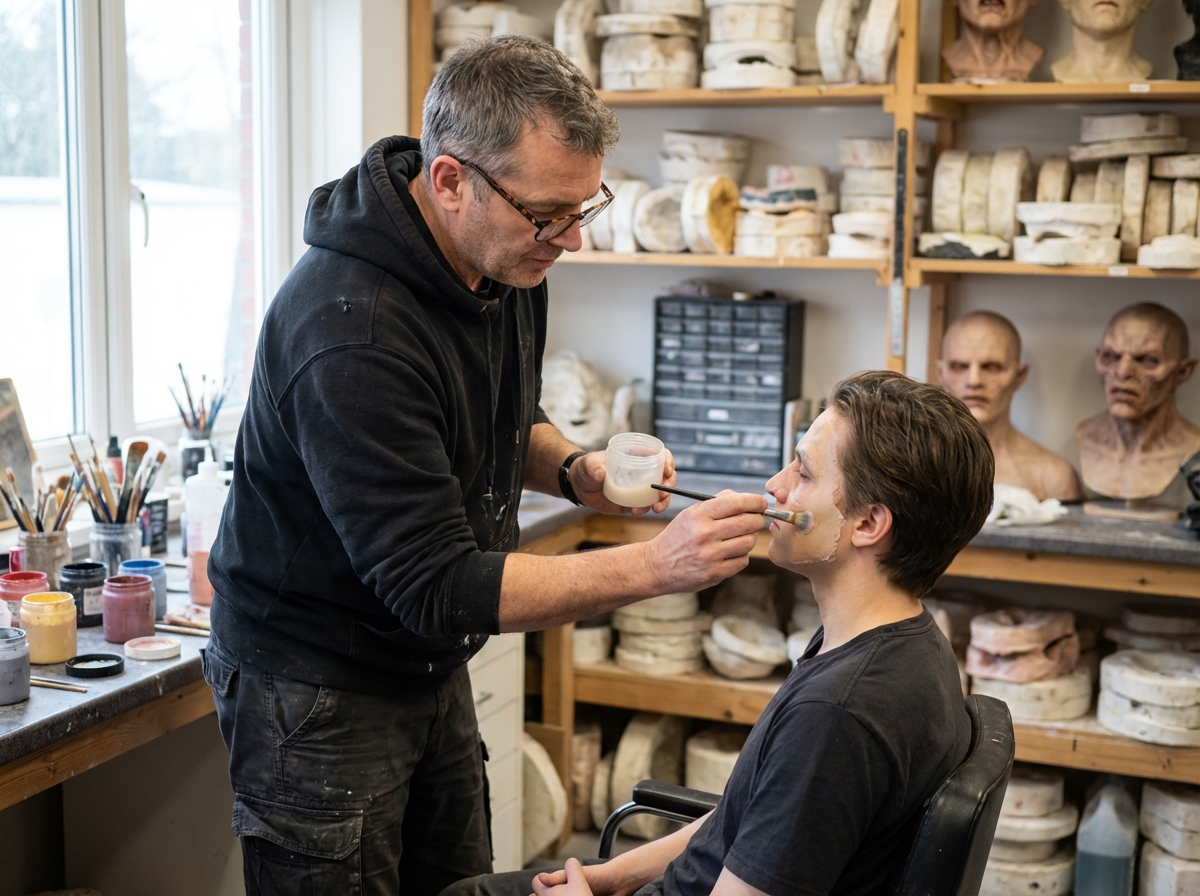 Artiste appliquant du maquillage silicone à un acteur