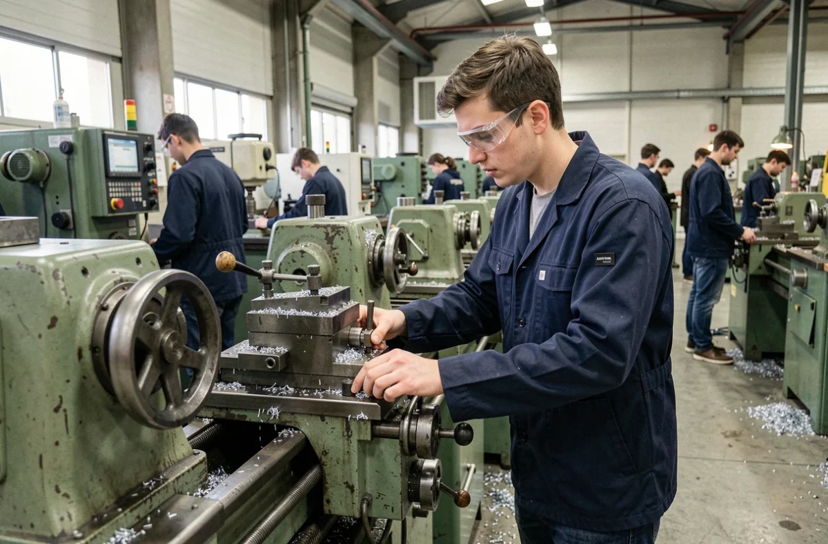 Étudiant d'Arts et Métiers ParisTech opérant un tour à métaux dans l'atelier d'usinage de précision de l'école