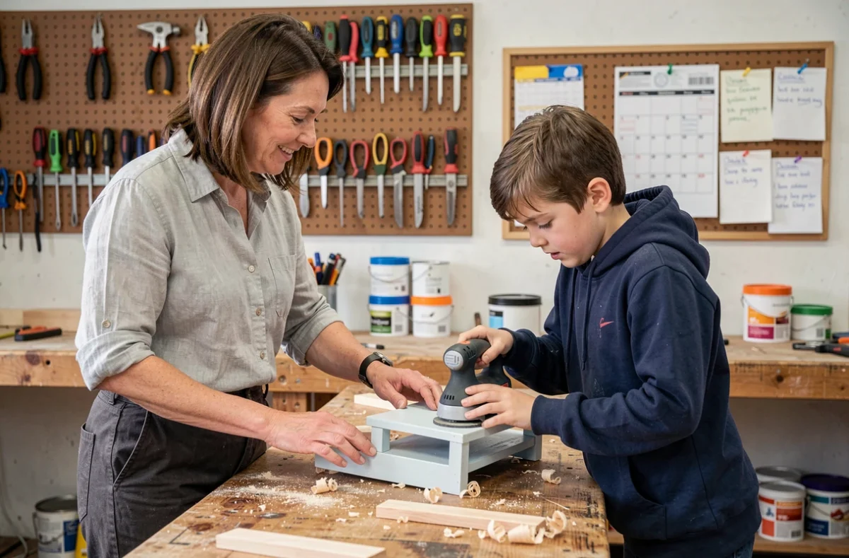Mère accompagnant son fils dans un atelier de bricolage avec des outils adaptés aux enfants