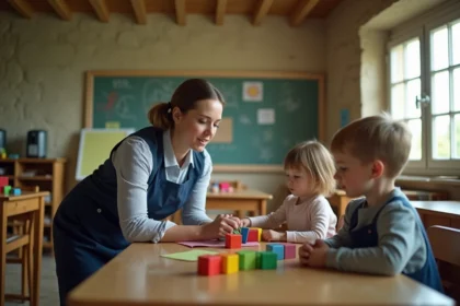 ATSEM aidant des enfants dans une classe d'école maternelle rurale en France avec des murs en pierre apparente