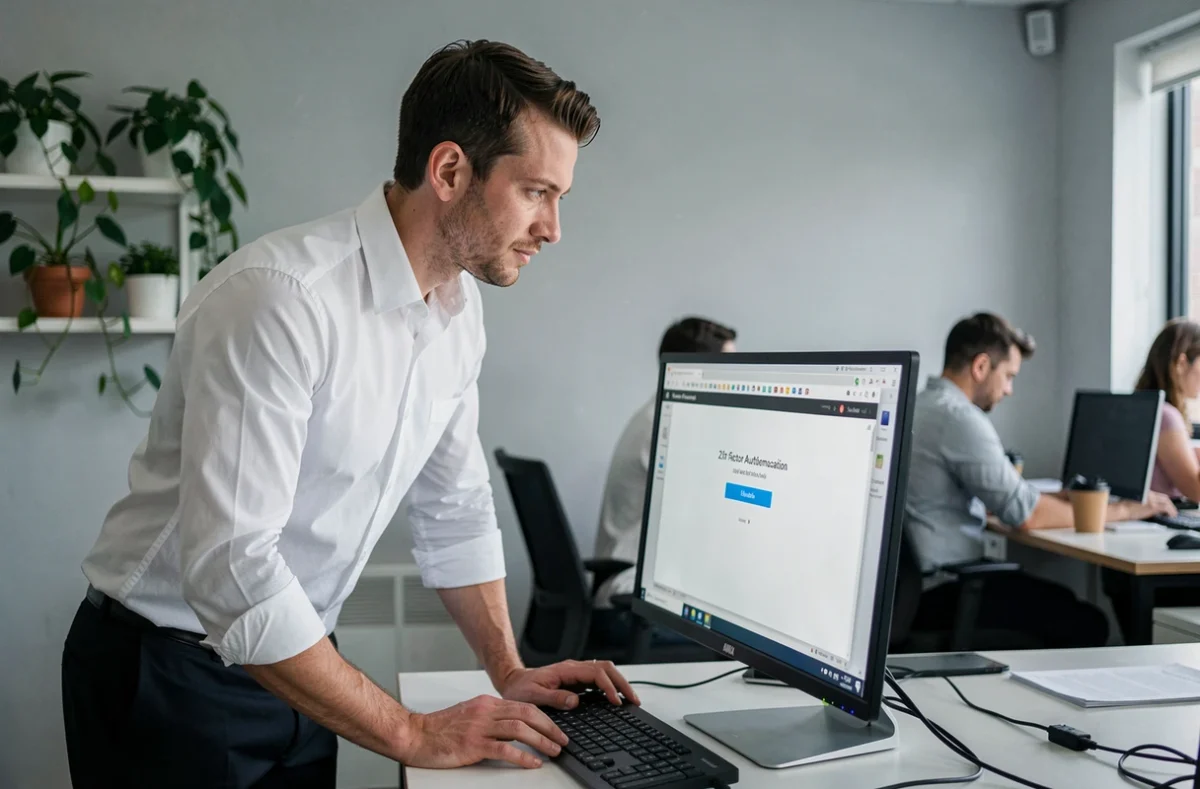 Professionnel validant une authentification à deux facteurs sur un ordinateur de bureau en open space