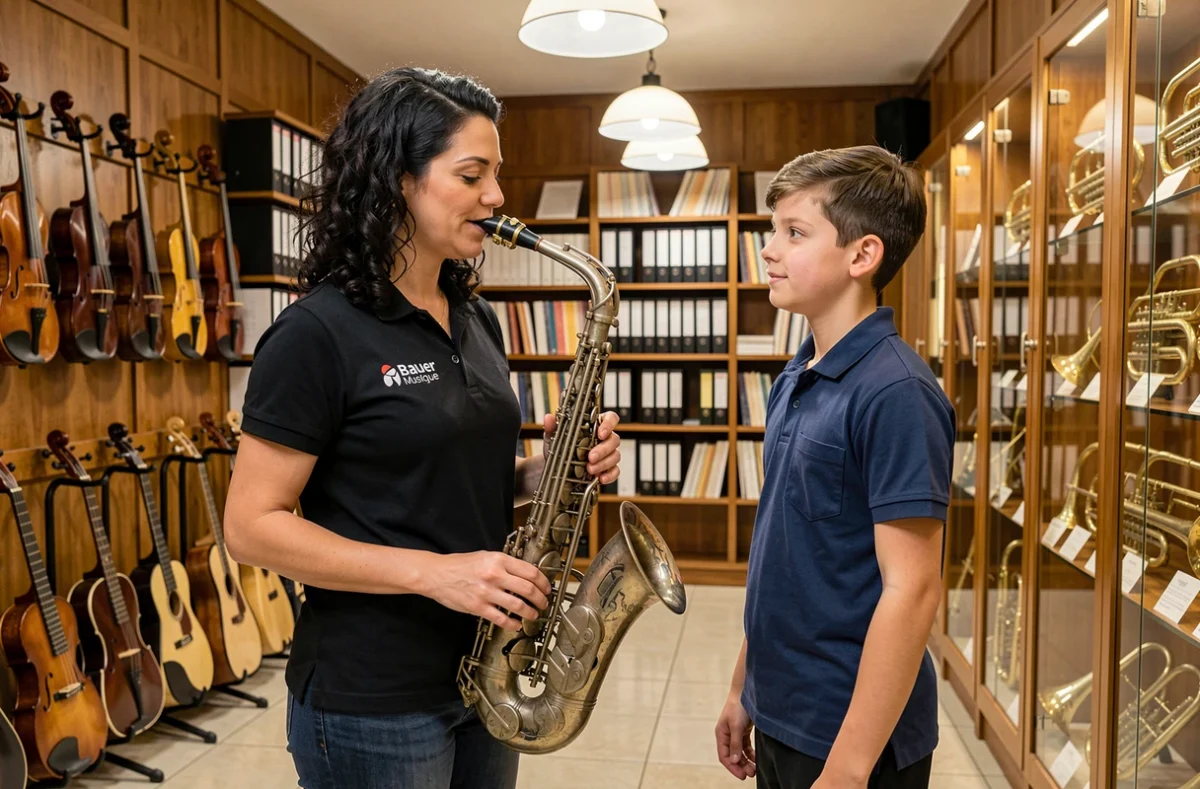 Vendeuse présentant un saxophone soprano à un jeune élève dans la boutique et école de musique Bauer Musique