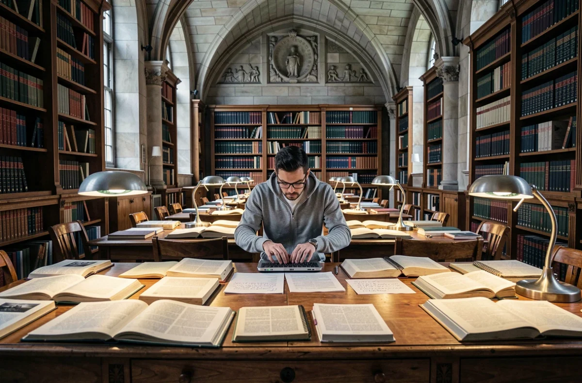Salle de lecture d'une grande bibliothèque universitaire avec un étudiant concentré entouré de livres académiques et de notes manuscrites