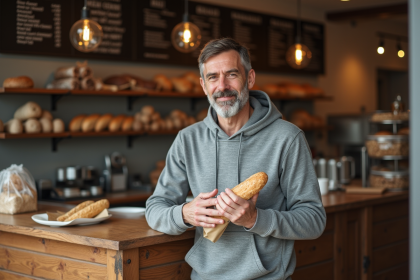 Homme d'âge moyen dans une boulangerie chaleureuse