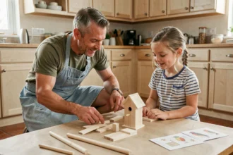 Père et fille assemblant un kit de bricolage en bois sur une table de cuisine familiale