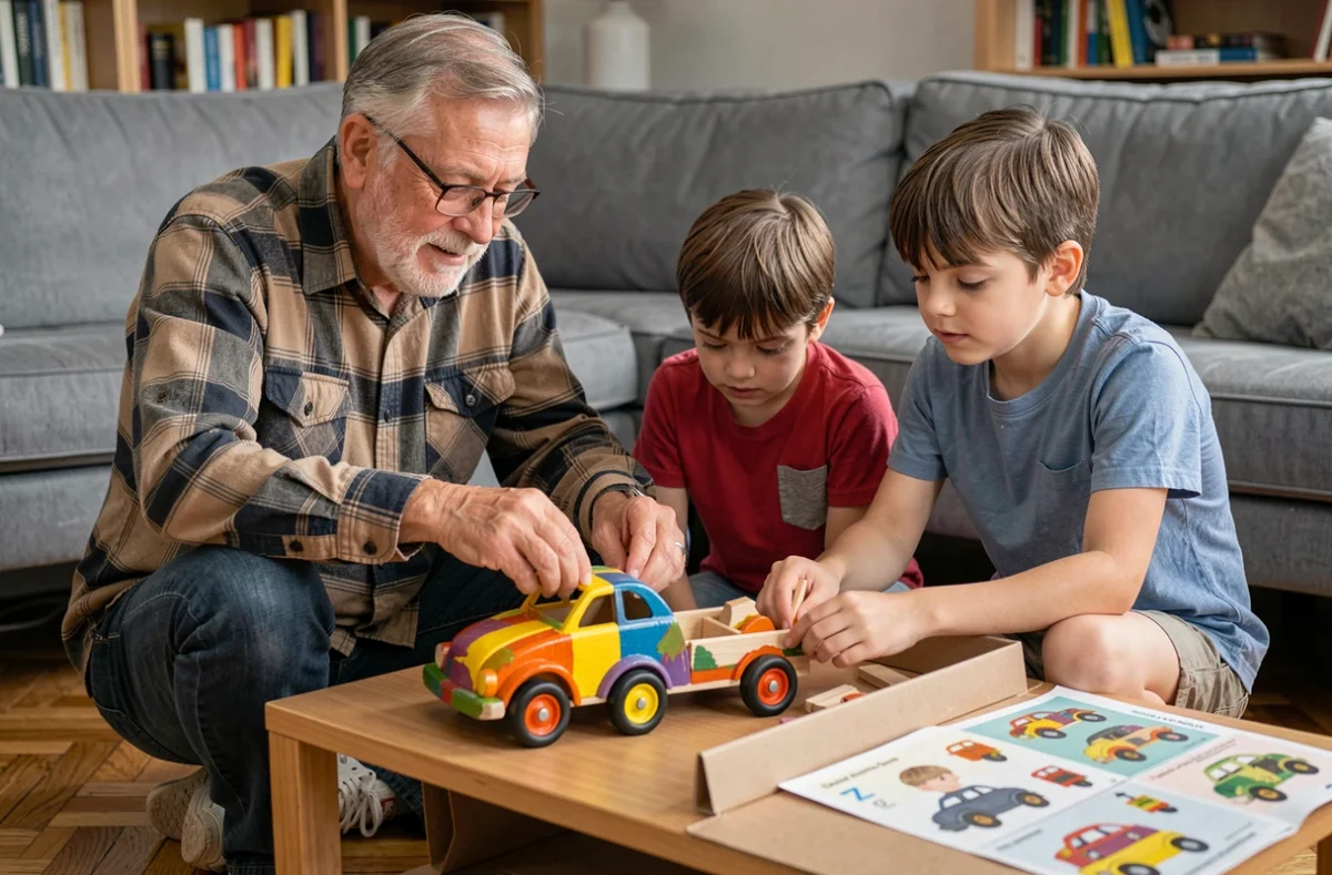 Grand-père et petits-enfants construisant un jouet en bois DIY dans le salon familial