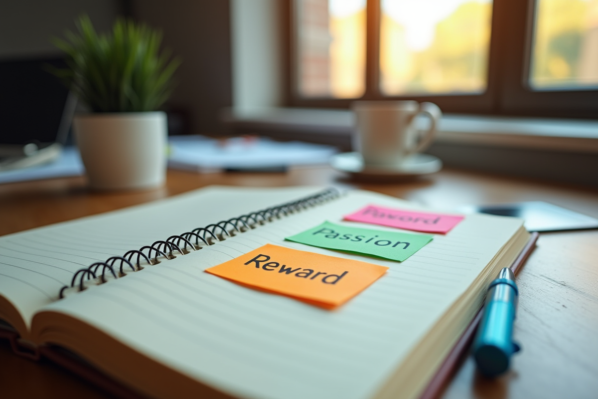 Bureau avec carnet et notes colorées pour la motivation