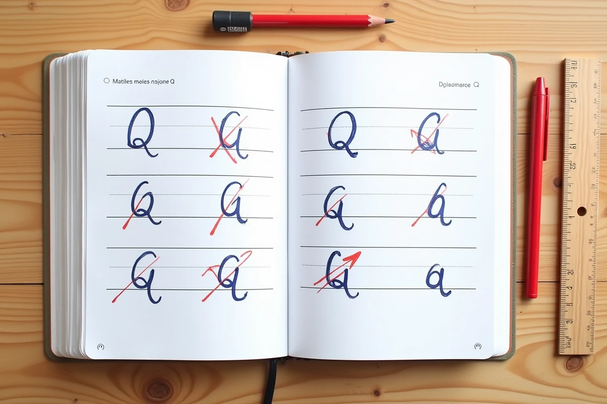 Cahier d'écriture cursive montrant des erreurs et corrections du grand Q majuscule attaché avec annotations en rouge