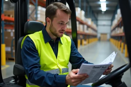 Cariste débutant étudiant son manuel de formation CACES 1 3 assis dans la cabine d'un chariot élévateur en entrepôt logistique