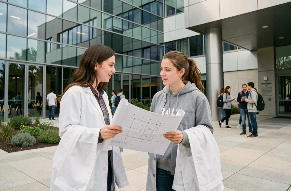 Deux étudiantes de CentraleSupélec discutant de plans d'ingénierie devant le campus moderne de Paris-Saclay