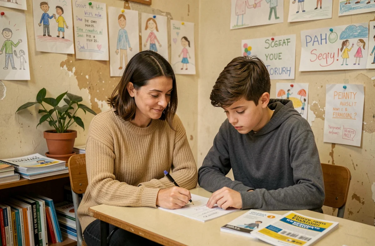 Une accompagnatrice du Centre CASP La Clairière aide un adolescent avec ses devoirs dans un cadre d'accompagnement social à Paris