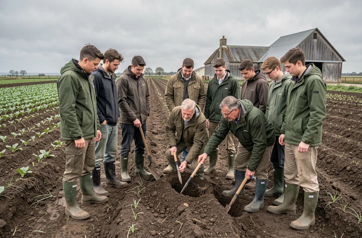 Stagiaires en formation agricole avec un formateur du Centre de Formation Professionnelle Agricole de Charente-Maritime dans un champ