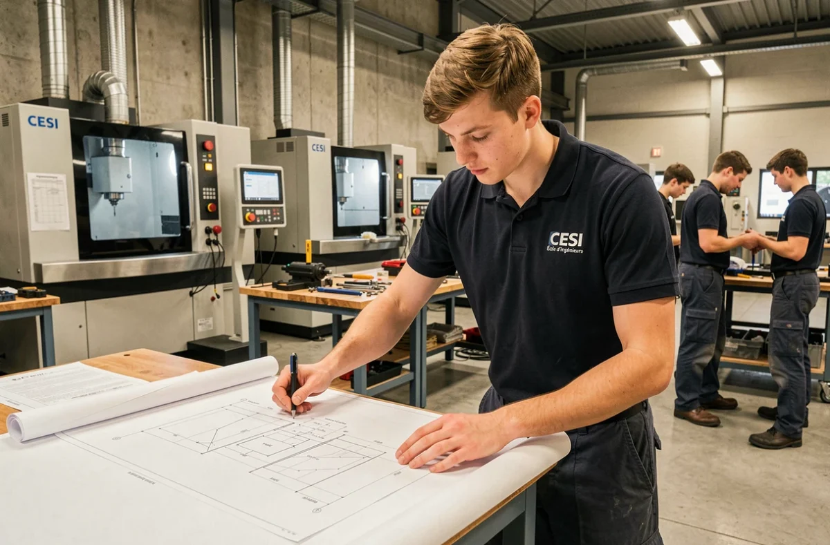 Apprenti ingénieur consultant des plans techniques dans l'atelier de l'école CESI Rouen, formation ingénieur par alternance
