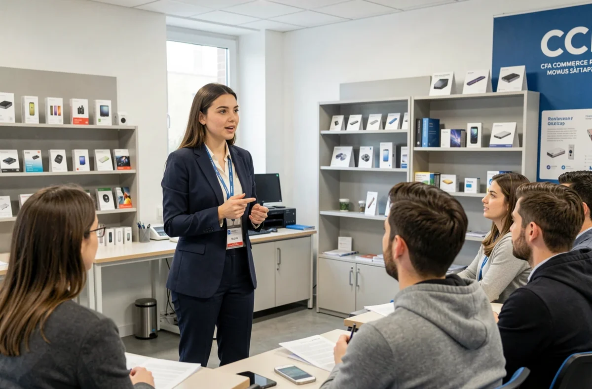 Jeune apprentie en formation commerciale au CFA Commerce CCI Rochefort-Saintonge pratiquant un jeu de rôle de vente