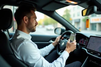 Chauffeur VTC assis dans sa voiture noire consultant son application de courses sur smartphone