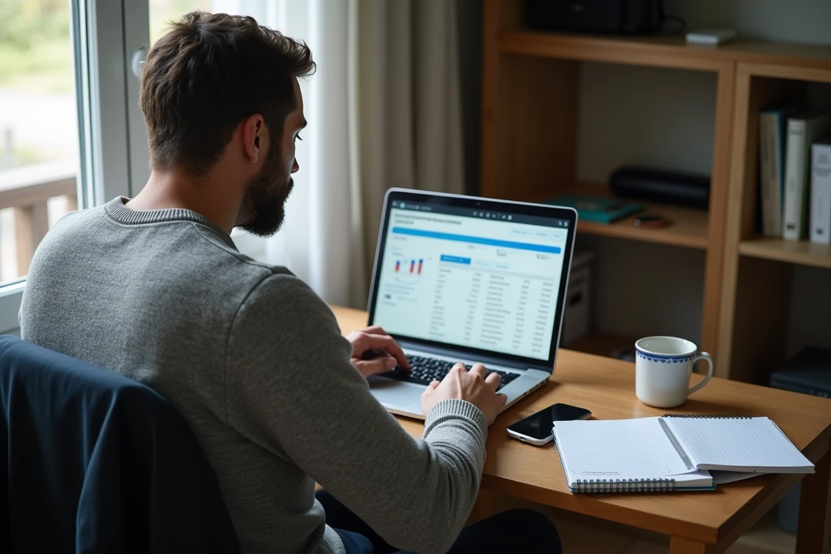 Chauffeur VTC indépendant analysant ses revenus et statistiques de courses sur ordinateur à domicile