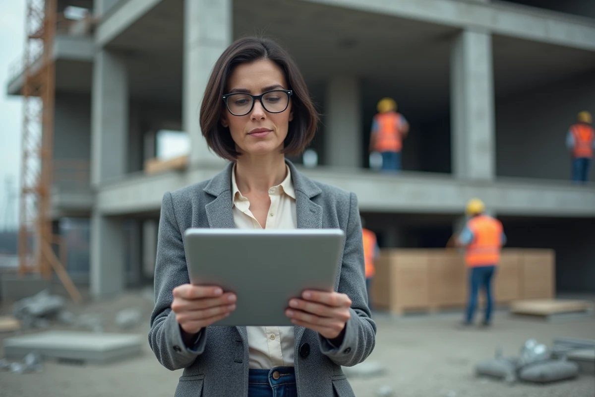 Femme cheffe de chantier consultant une formation CPF sur tablette sur un chantier de construction actif