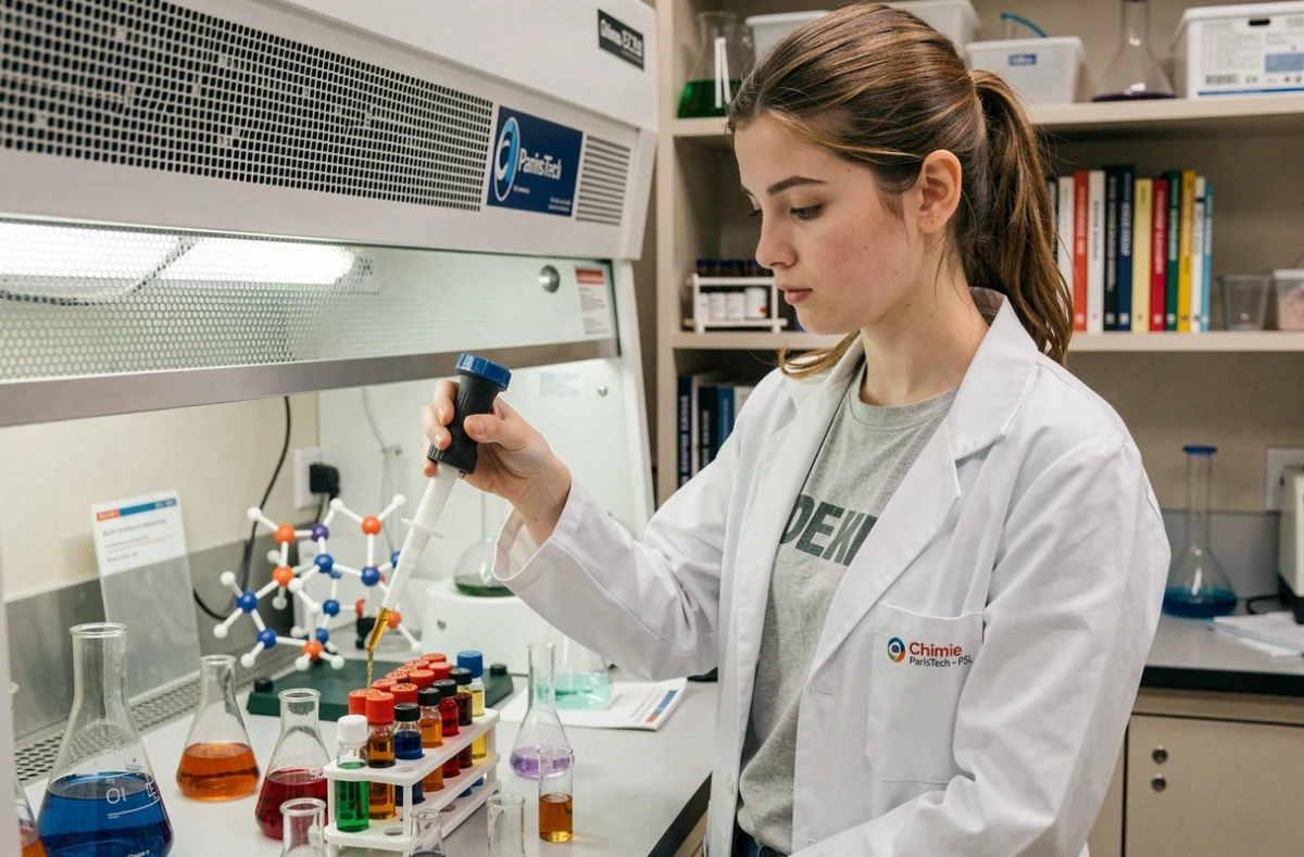 Étudiante de Chimie ParisTech - PSL travaillant sous une hotte chimique, pipetant des solutions colorées dans des flacons en verre