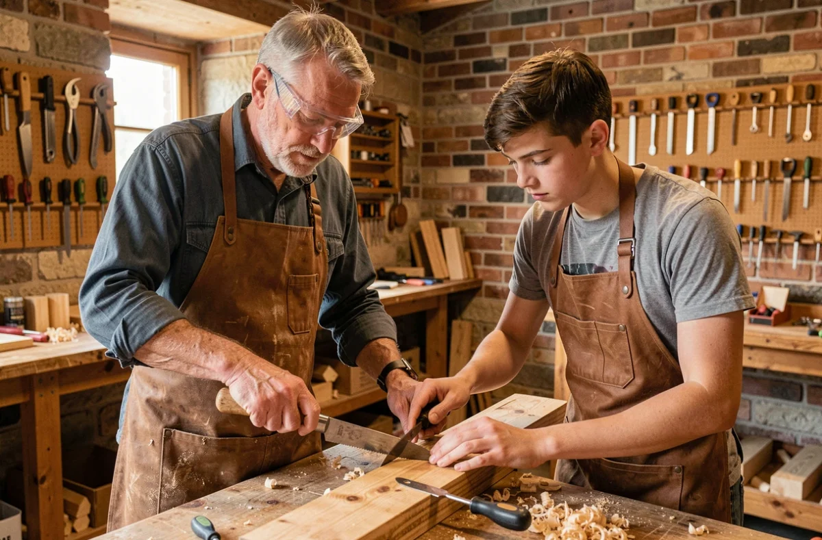 Apprenti artisan et maître formateur au CMA Formation Lagord travaillant ensemble sur un établi en atelier