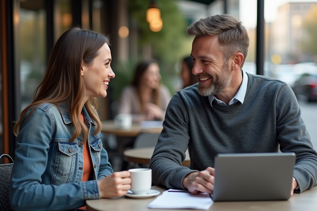 Coach homme expliquant prix au café en extérieur