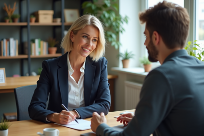 Coach femme en bureau moderne avec client homme