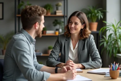 Coach femme en discussion avec un jeune homme dans un bureau moderne