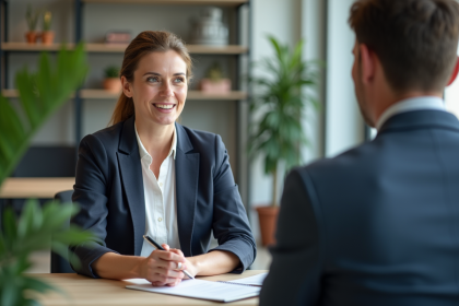 Femme en discussion avec un coach dans un bureau moderne