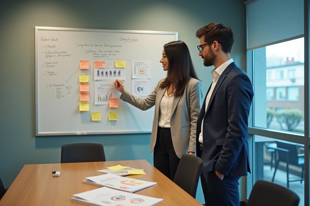 Deux jeunes professionnels en tenue business casual collaborant sur une présentation financière dans une salle de réunion, métiers de la banque et de l'assurance après le Bac STMG