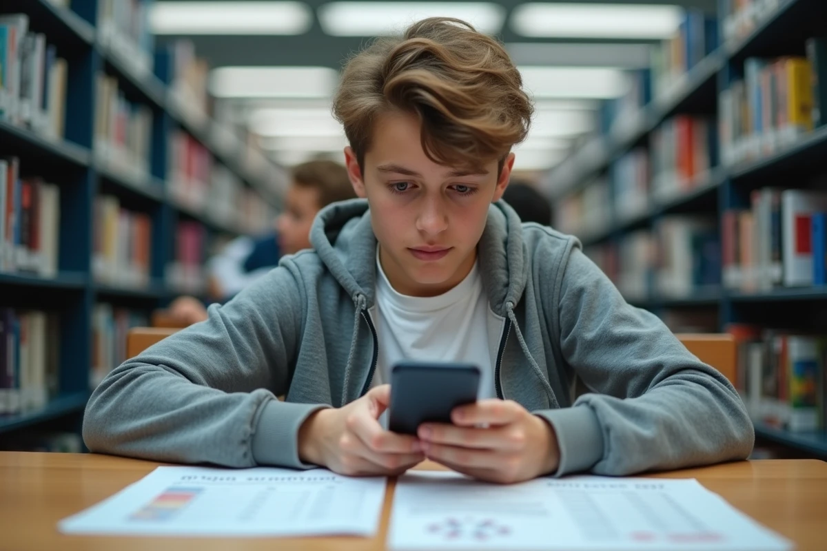 Collégien consultant son relevé de notes et calculant sa moyenne sur smartphone en bibliothèque scolaire