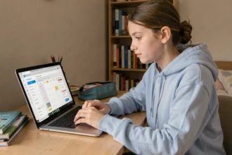 Collégienne consultant son ENT sur un ordinateur portable pour vérifier ses devoirs et contrôles à venir