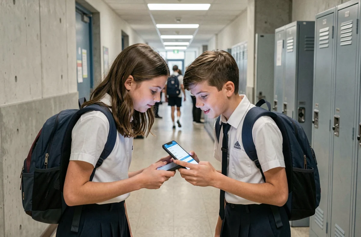 Deux collégiens consultant ensemble l'ENT sur smartphone dans un couloir d'école pour vérifier leurs devoirs