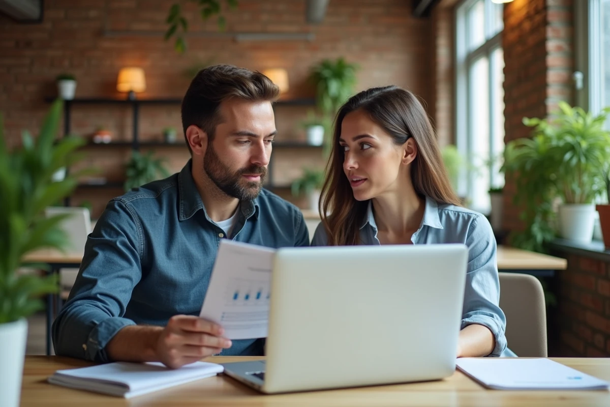 Deux collègues du secteur BTP discutant d'un parcours de certification CPF dans un espace de coworking moderne