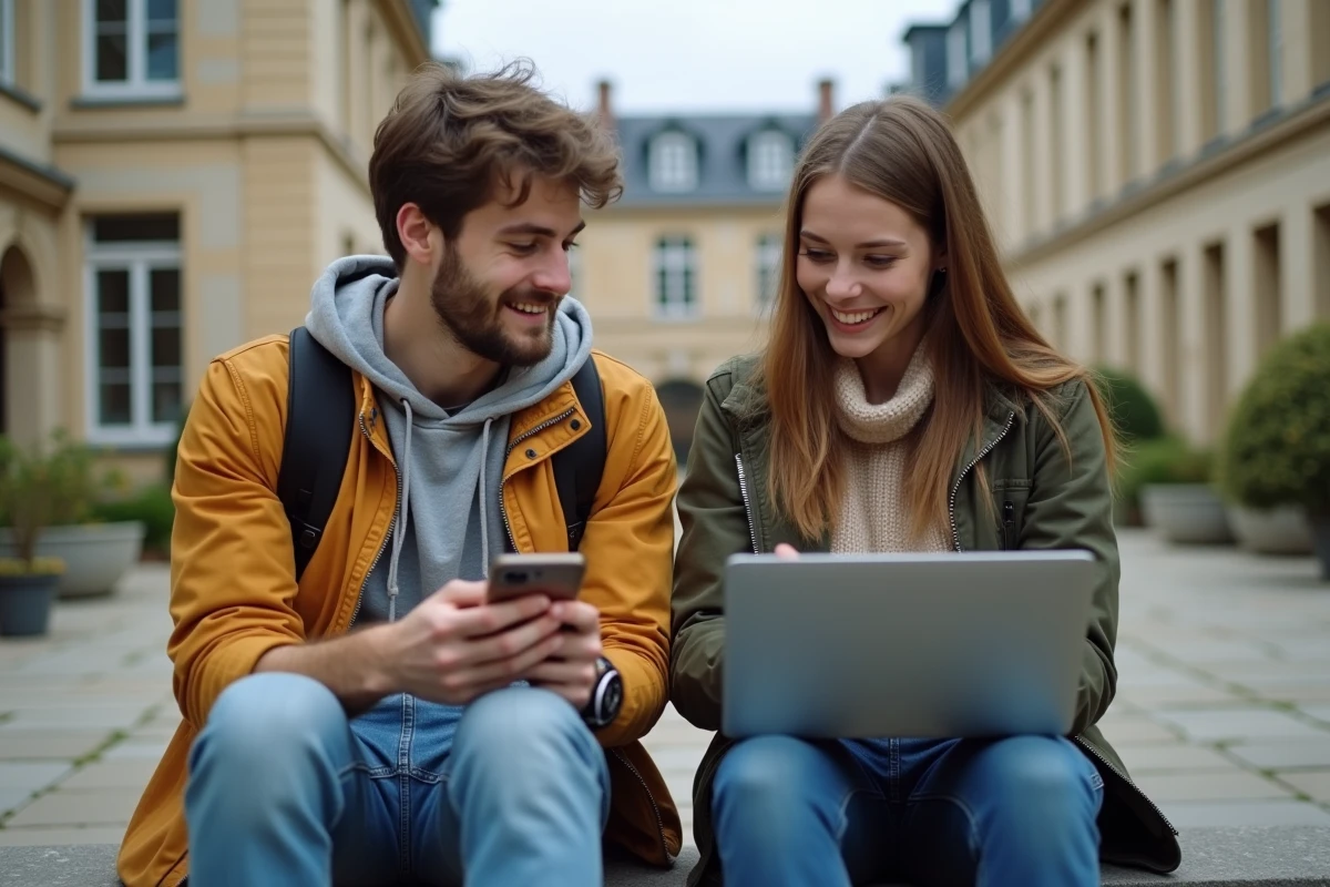 Deux étudiants comparant un campus numérique moderne et un ENT classique sur leurs appareils en extérieur