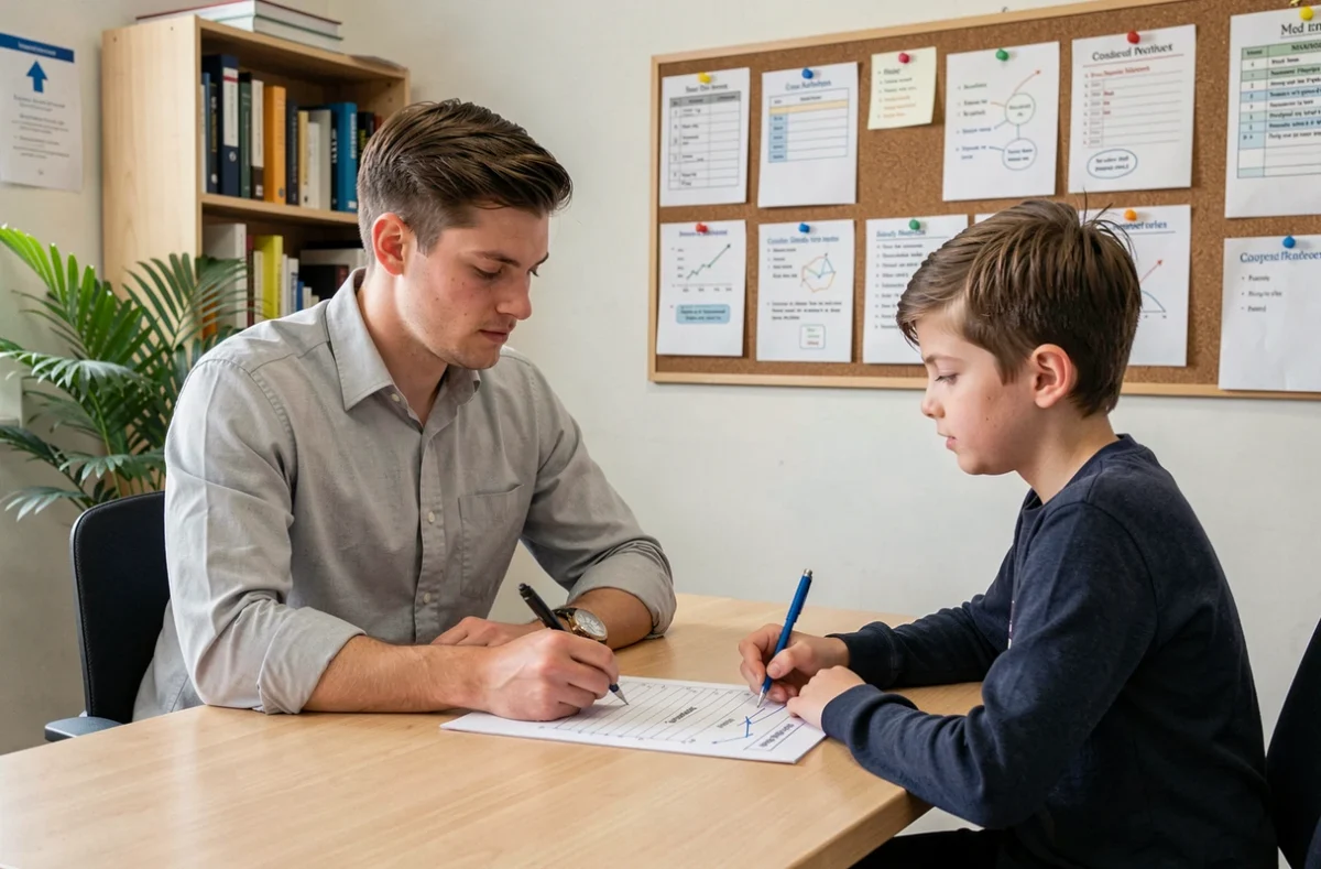 Un coach scolaire de Complétude examine un plan d'accompagnement personnalisé avec un collégien dans un bureau parisien