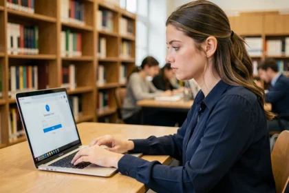 Étudiante connectée à un portail universitaire sécurisé sur un ordinateur portable dans une bibliothèque