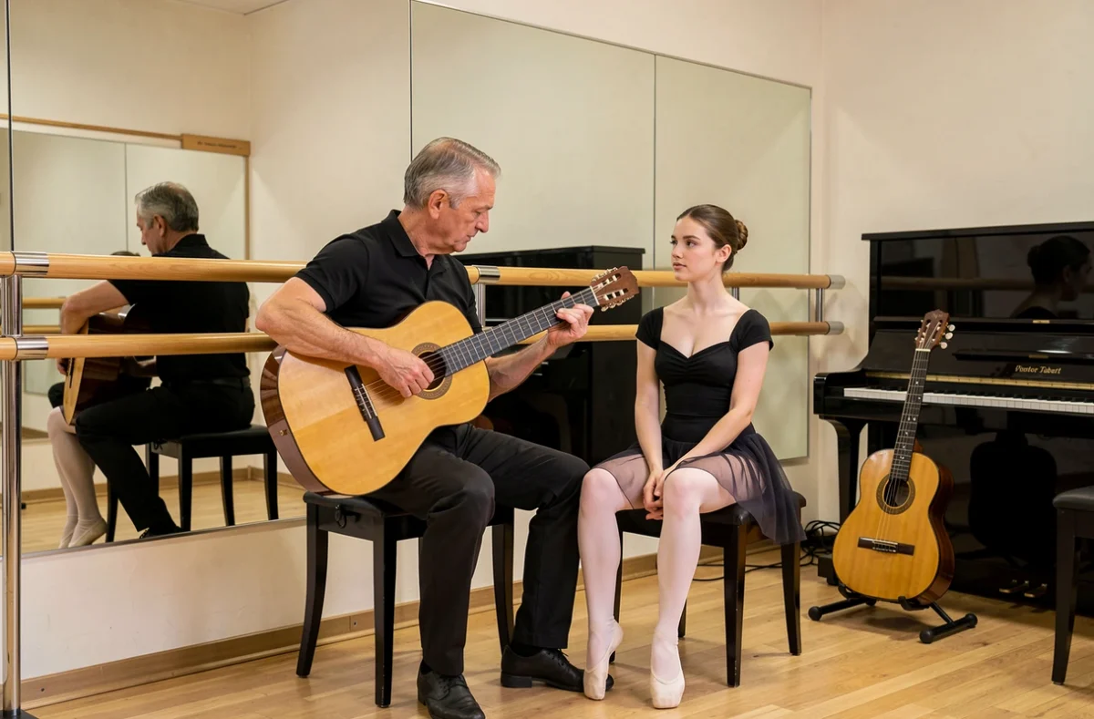 Professeur de guitare et élève en tenue de danse dans le studio du Conservatoire de Musique et Danse Pierre Tabart