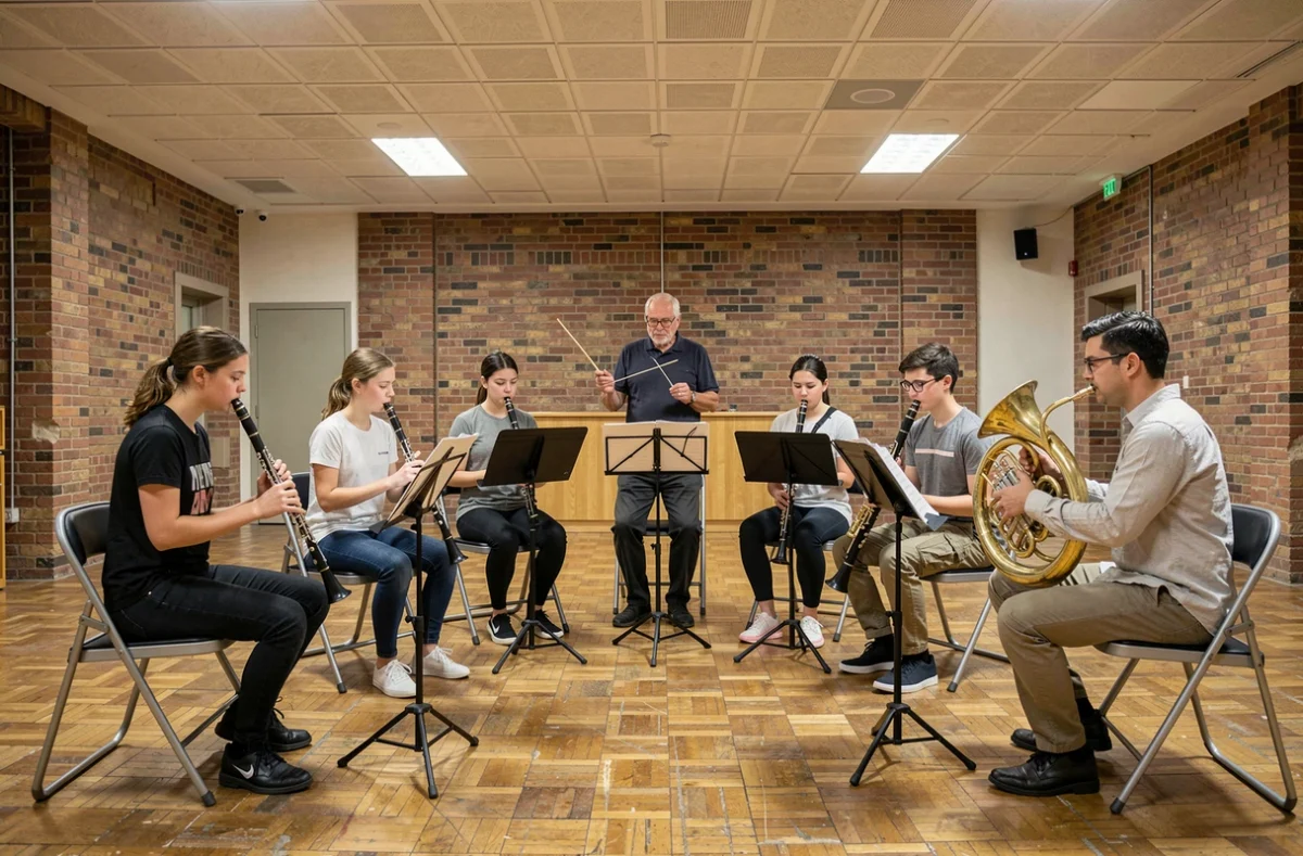 Ensemble de jeunes musiciens en répétition au Conservatoire à Rayonnement Départemental de Bourges sous la direction d'un chef