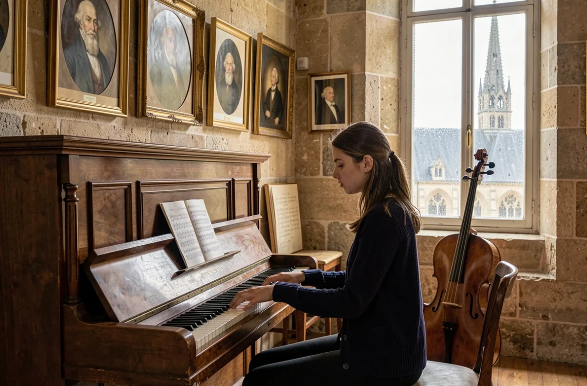 Jeune femme jouant du piano dans une salle du Conservatoire à Rayonnement Départemental de Chartres avec la cathédrale visible en arrière-plan
