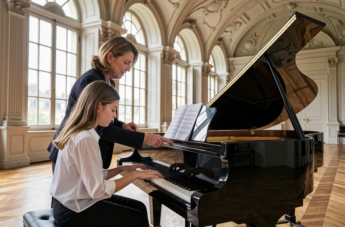 Professeure guidant une élève au piano à queue dans la salle de répétition du Conservatoire à Rayonnement Régional de Tours