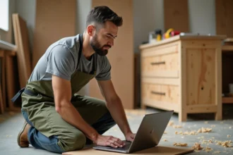 Homme suivant un cours de bricolage en ligne sur ordinateur portable dans un atelier maison, entouré d'outils et de panneaux en bois